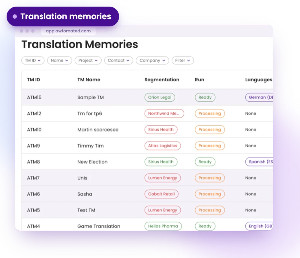 Awtomated screen: Translation memories