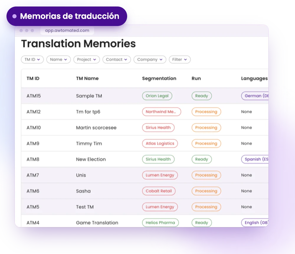Pantalla de Awtomated: Memorias de traducción
