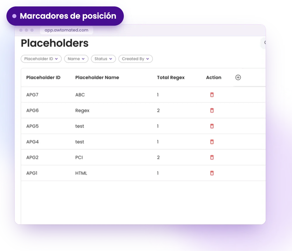 Pantalla de Awtomated: Marcadores de posición
