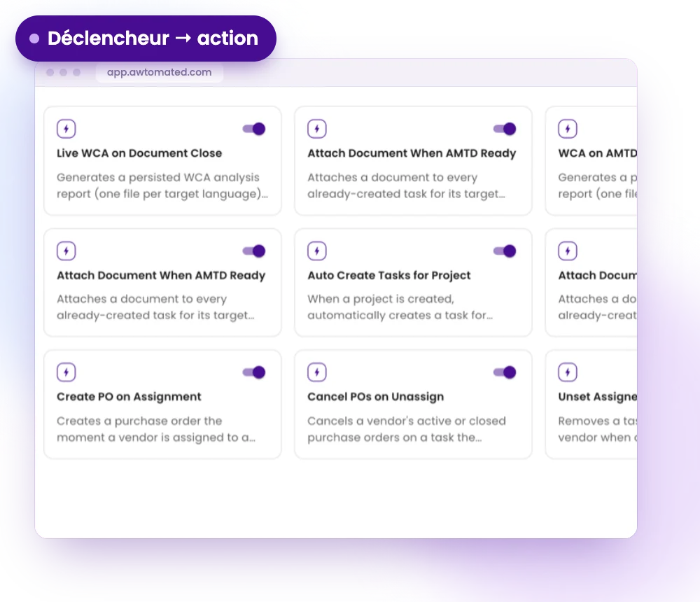 Écran Awtomated : Déclencheurs et actions
