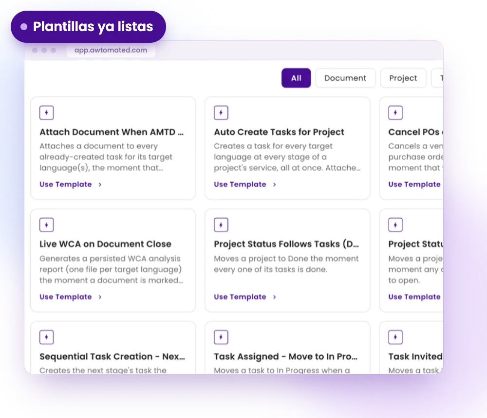 Pantalla de Awtomated: Plantillas listas para usar