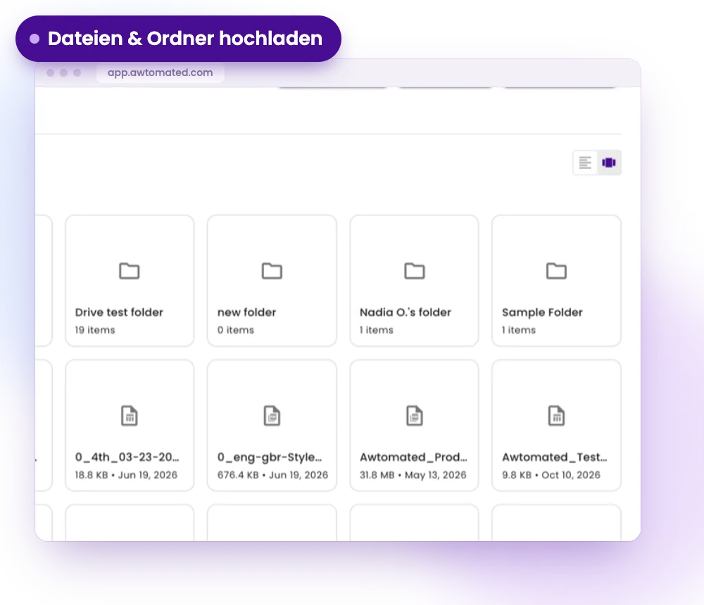 Awtomated-Oberfläche: Dateien und Ordner hochladen