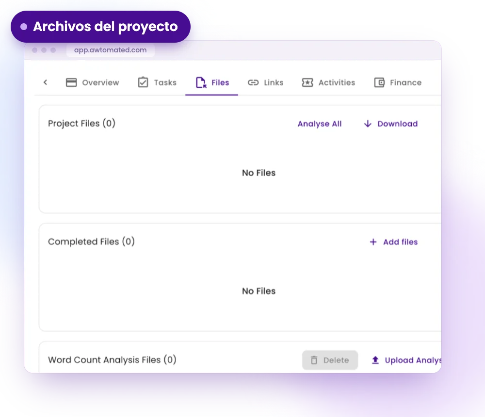 Pantalla de Awtomated: Archivos vinculados al trabajo