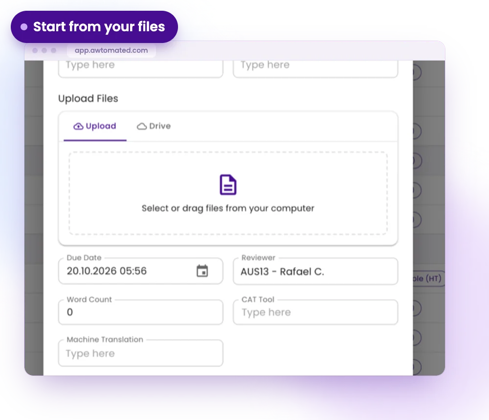 Awtomated screen: Start a project from your files