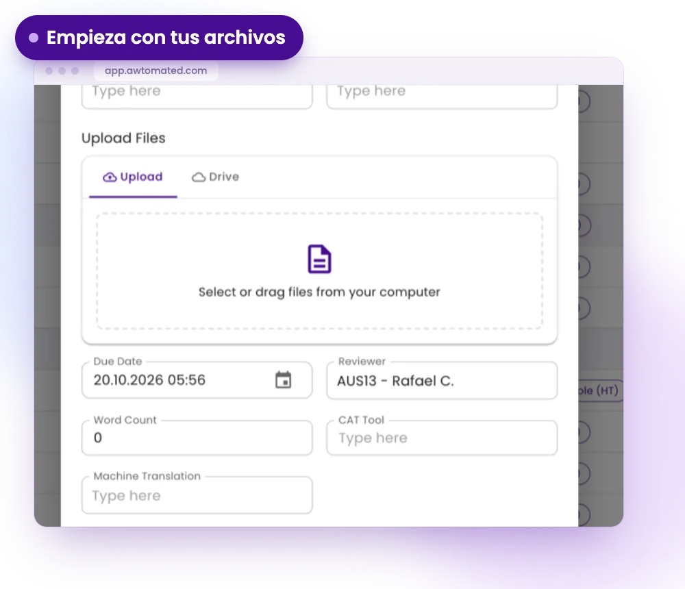 Pantalla de Awtomated: Empieza un proyecto desde tus archivos