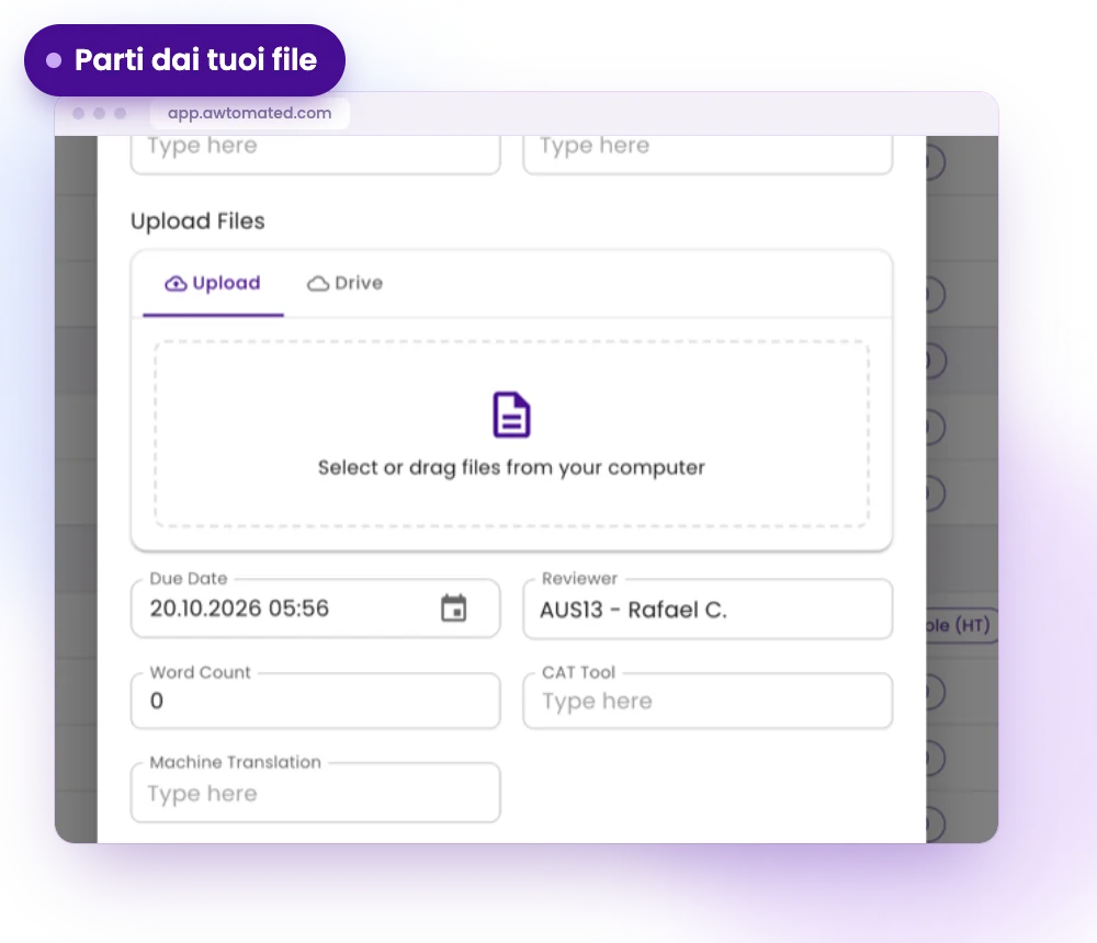 Schermata Awtomated: Avvia un progetto dai tuoi file