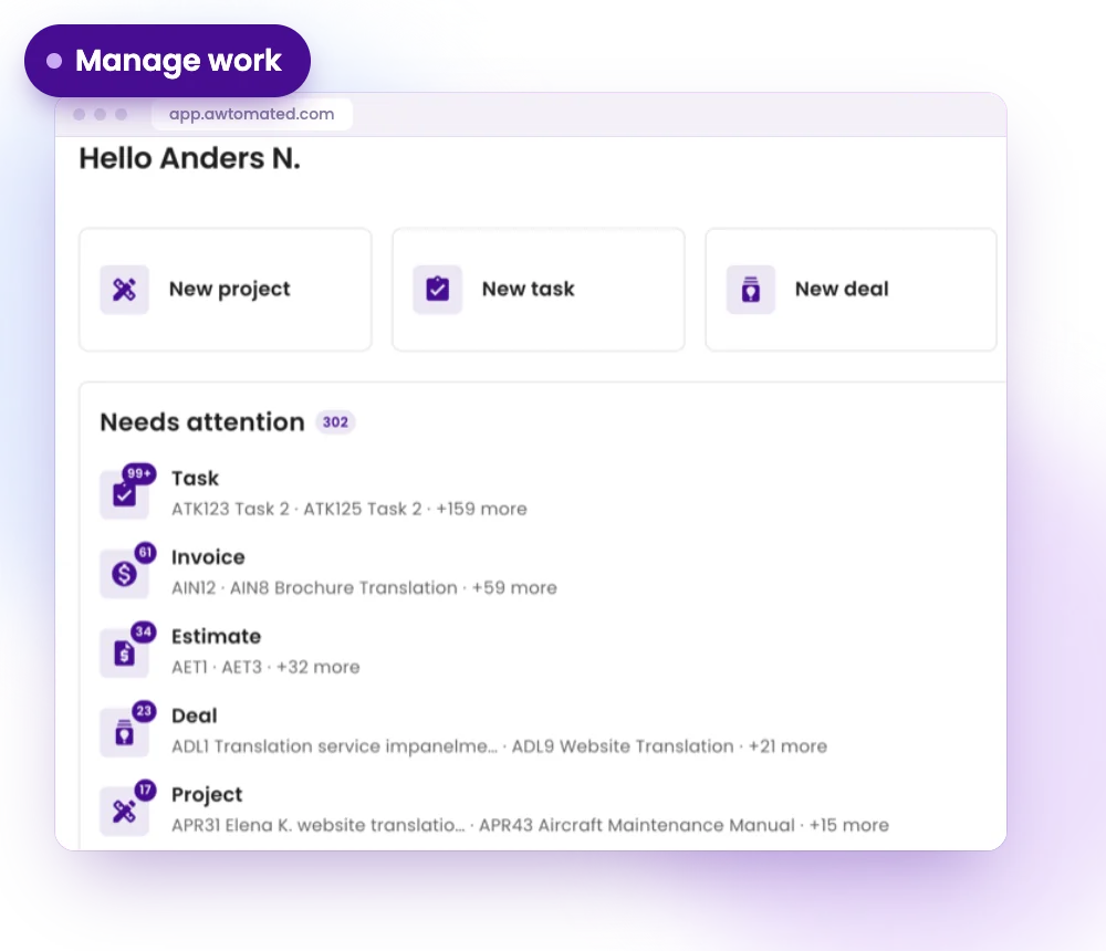 Awtomated screen: Manage Work: available today