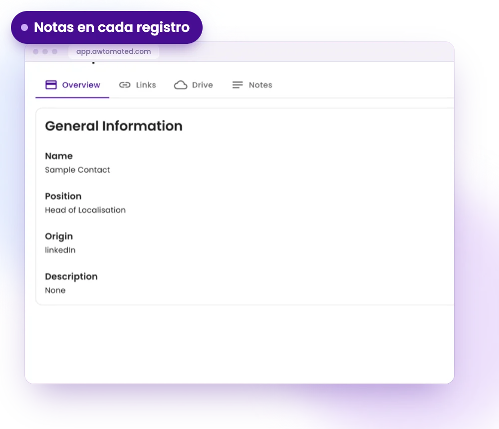Pantalla de Awtomated: Notas en cada registro
