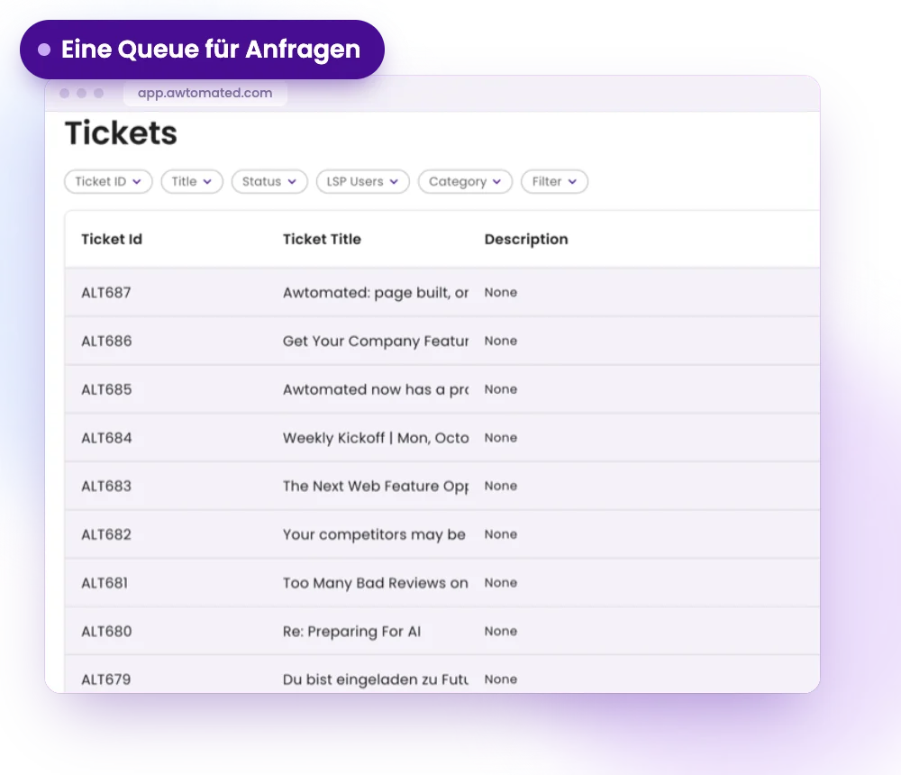 Awtomated-Oberfläche: Anfragen aus Website und Postfach erfassen