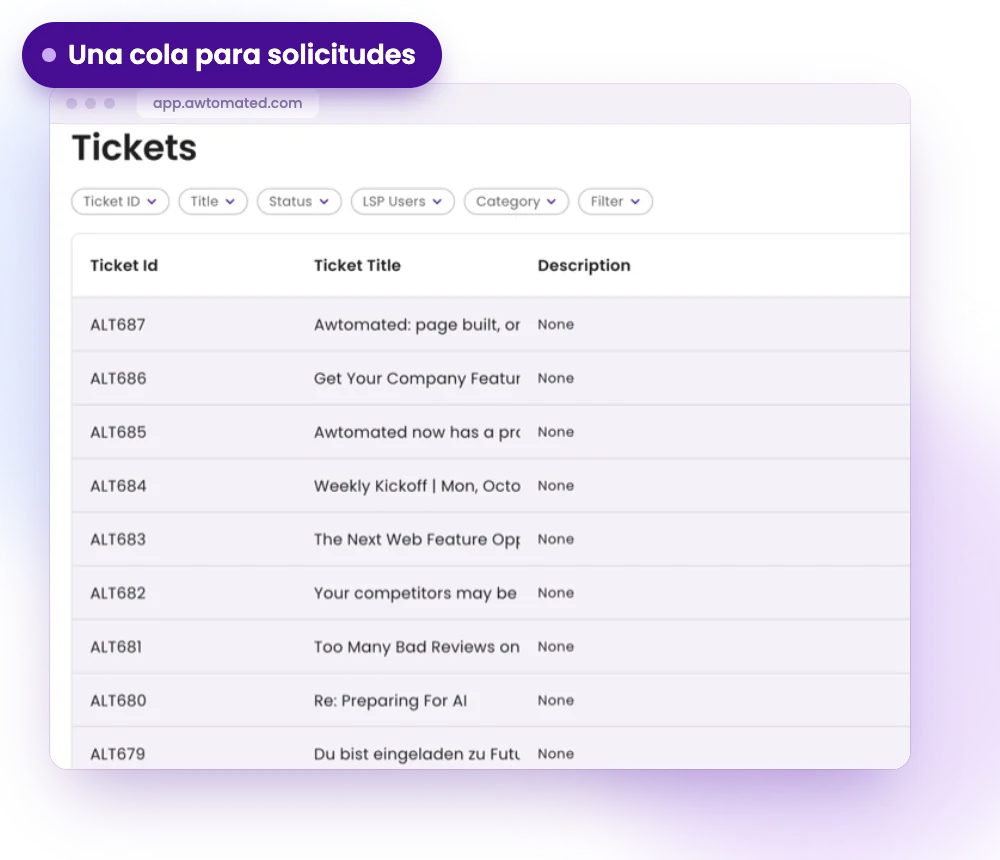 Pantalla de Awtomated: Recibe solicitudes desde tu web y tu bandeja de entrada