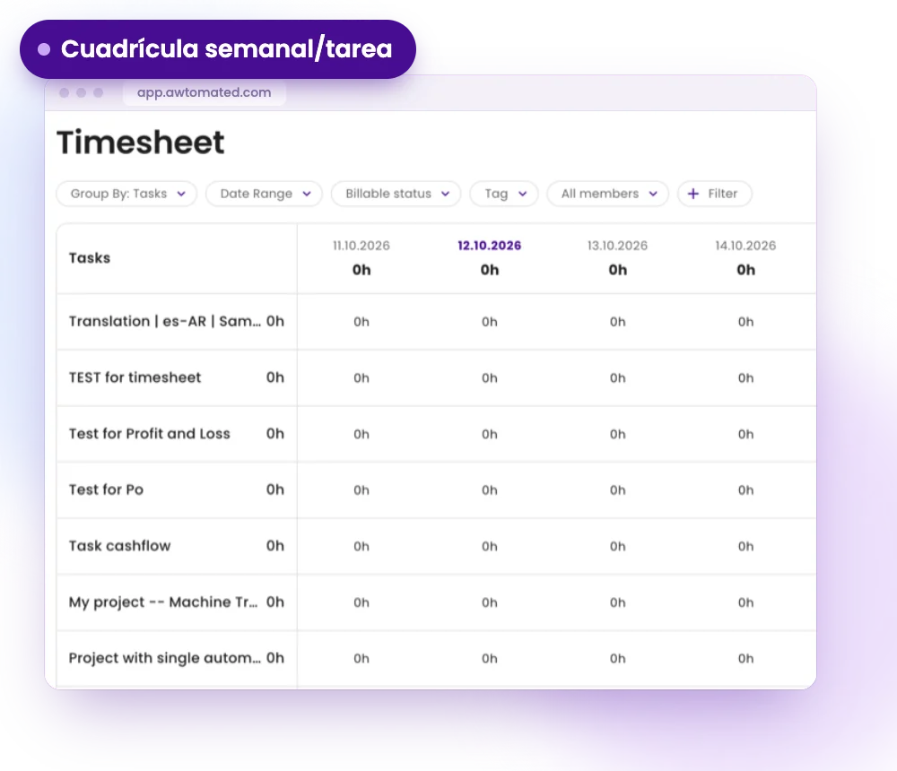 Pantalla de Awtomated: Una cuadrícula semanal por tarea