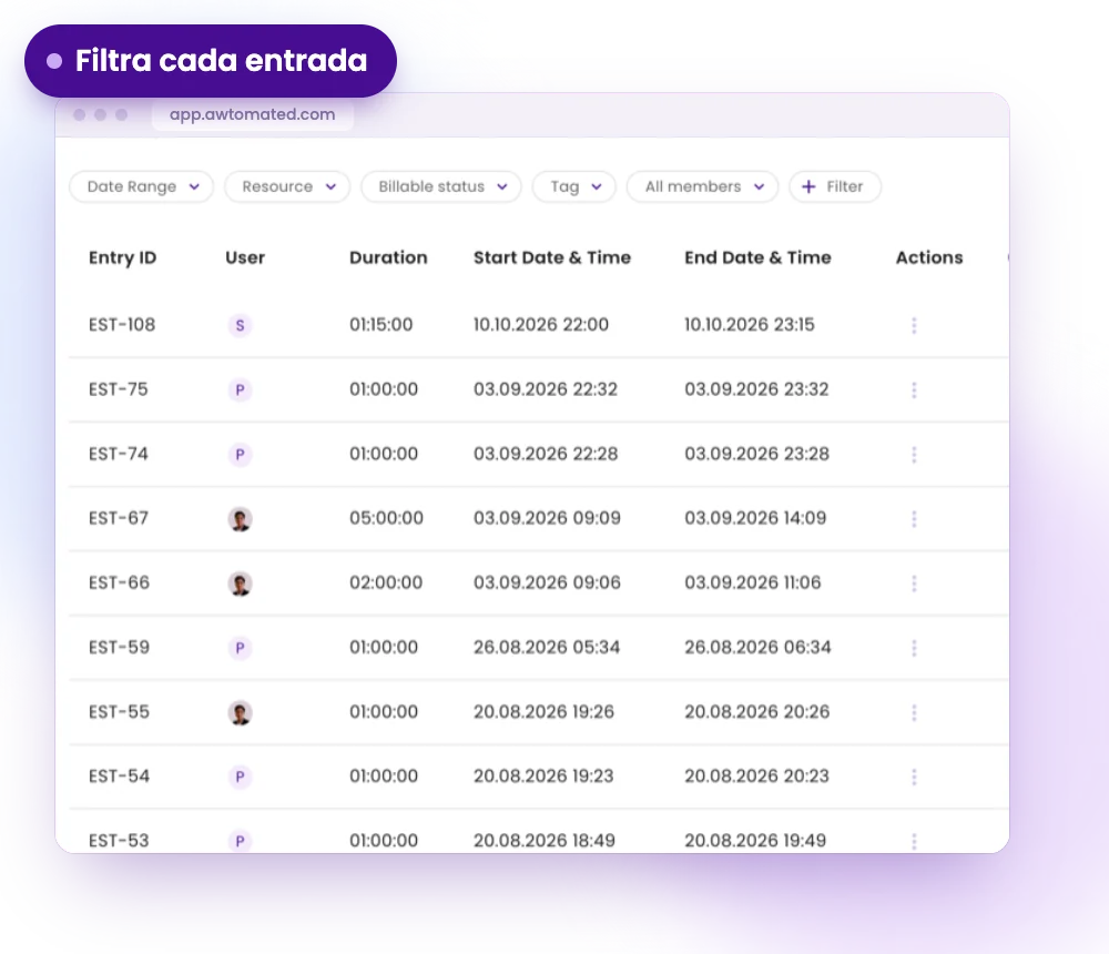 Pantalla de Awtomated: Registros que puedes filtrar