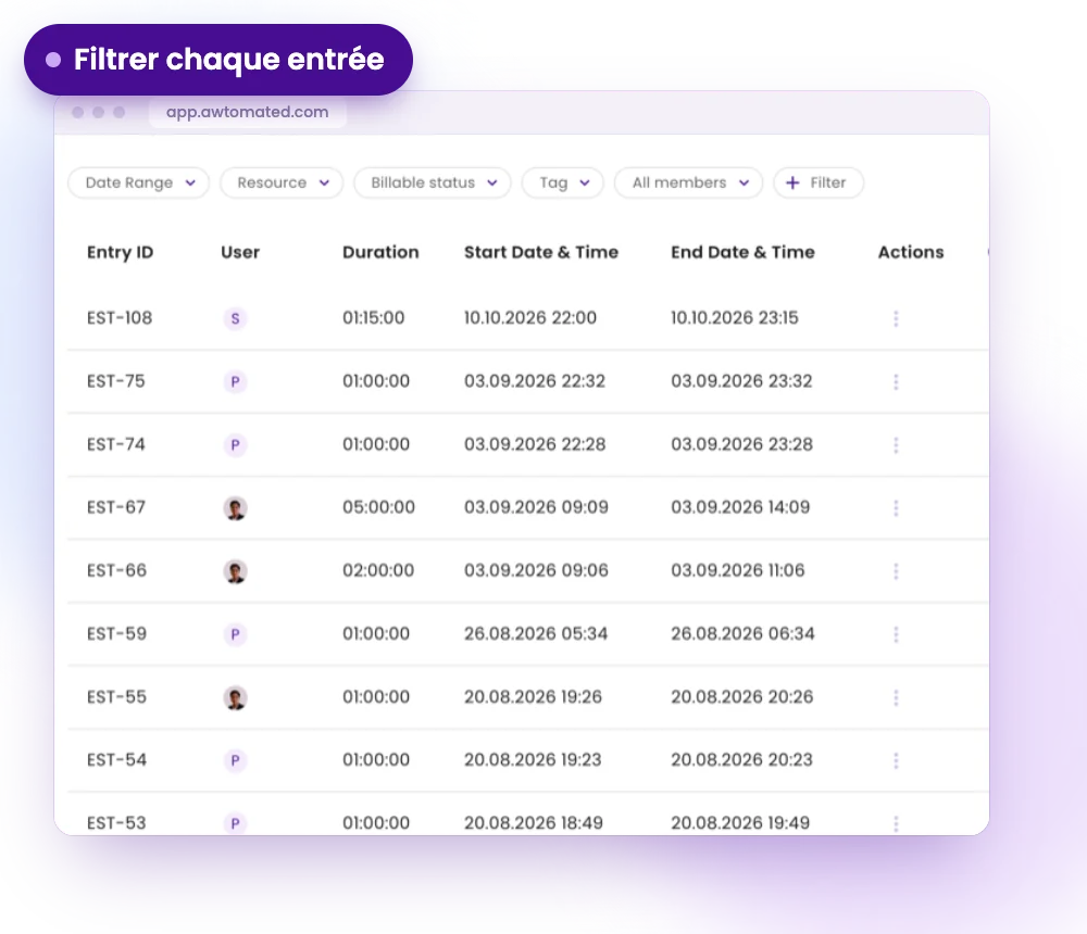 Écran Awtomated : Des saisies que vous pouvez filtrer