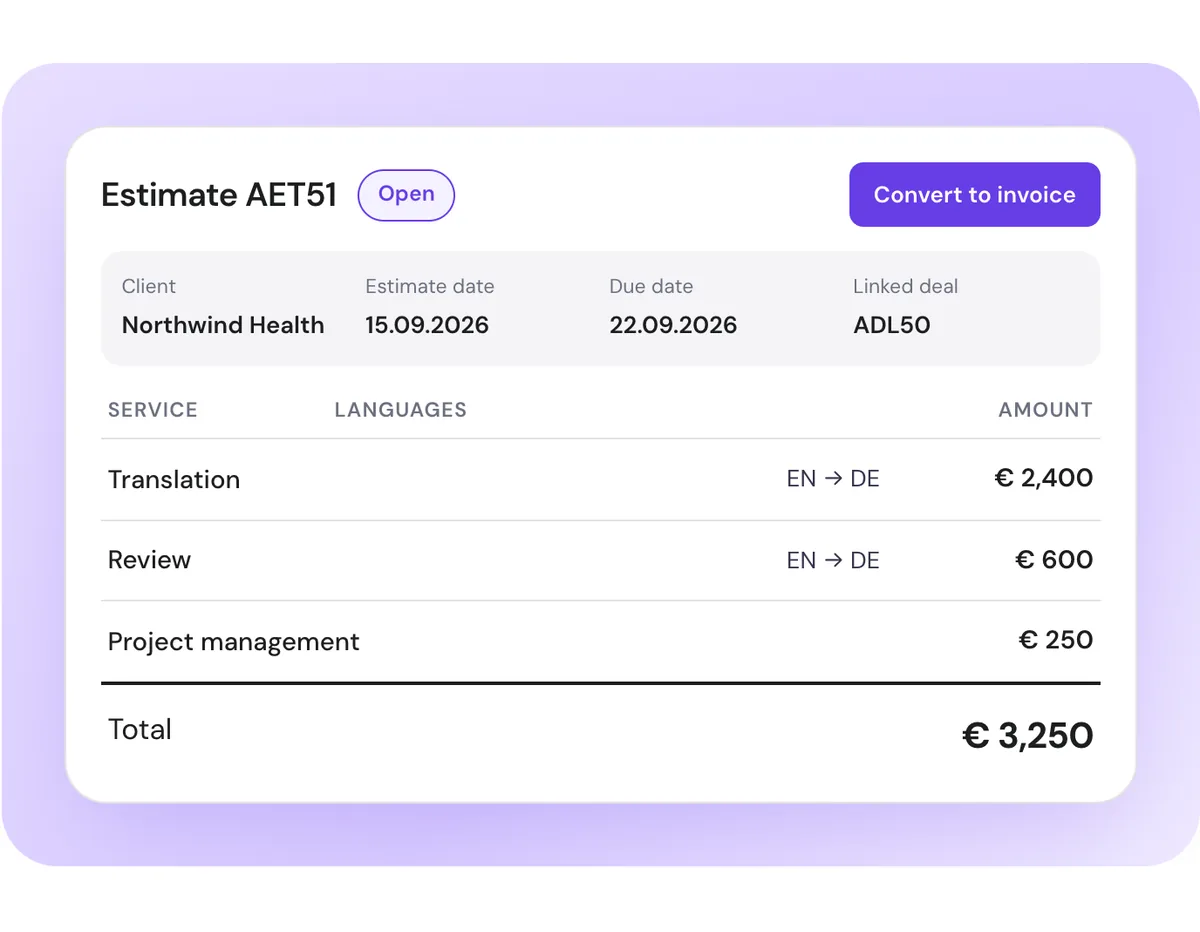 Awtomated estimate with services, languages and total, ready to convert to an invoice